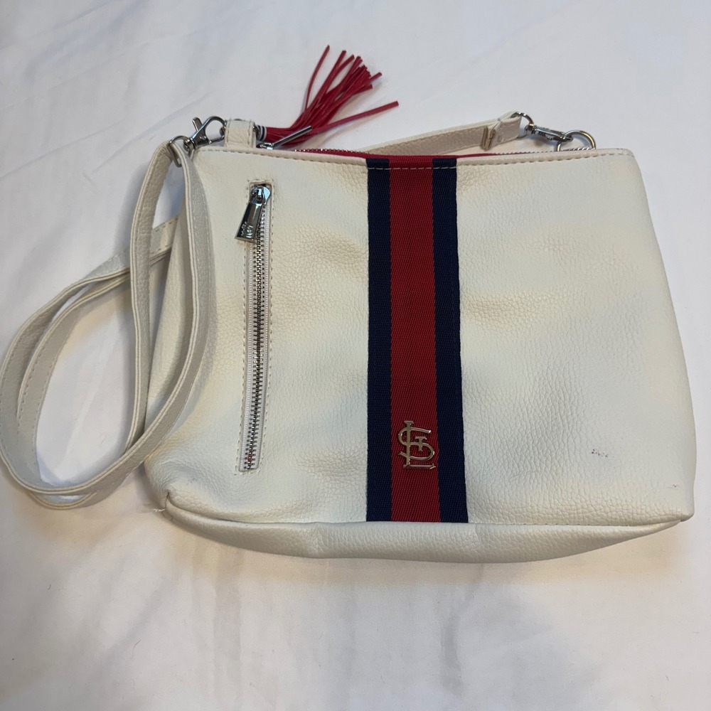 St Louis Cardinals Crossbody Bag White Pebbled Faux Leather Red Navy Stripe STL
